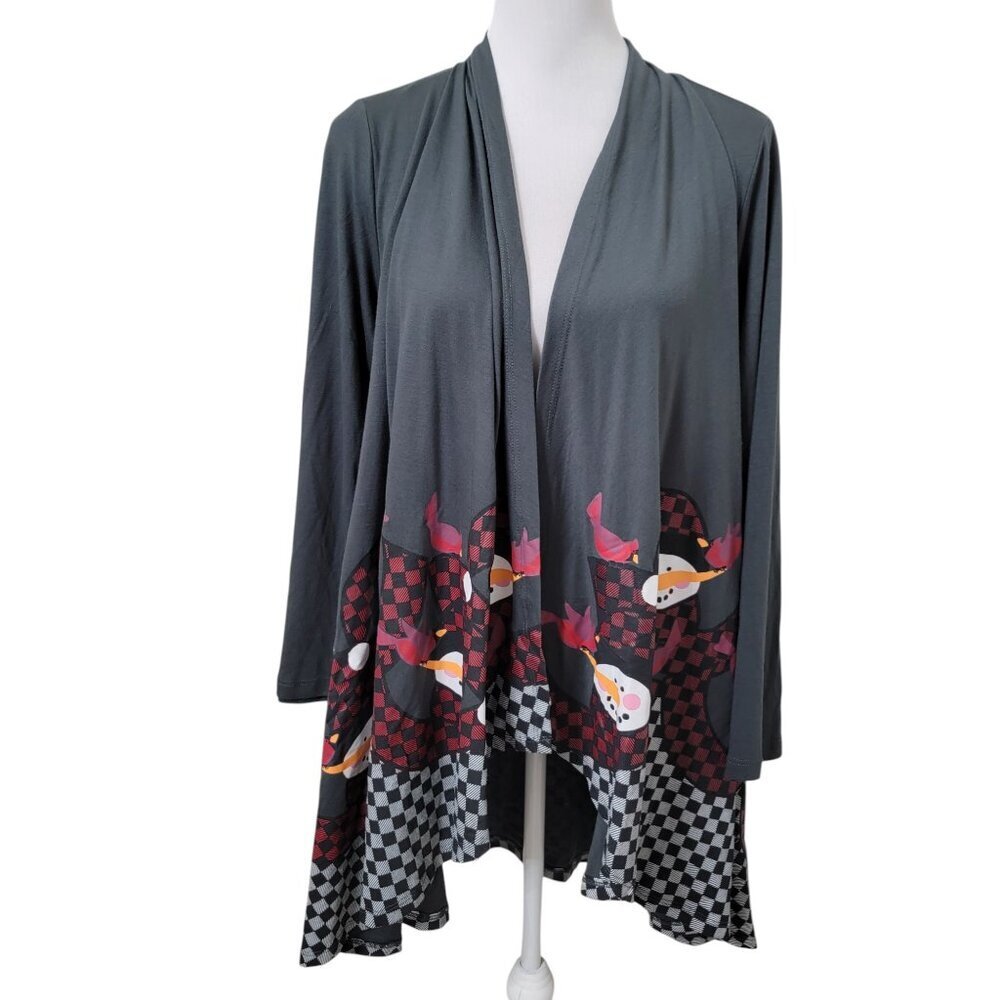 A Walk in the Park Size M Gray Snowmen Graphic Print Open Cardigan